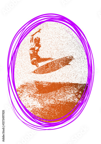 Trendy halftone vector illustration, retro style. Woman surfing