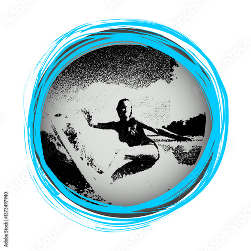 Trendy halftone vector illustration, retro style. Woman surfing