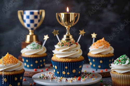 Sports Day Celebration Cupcakes with Trophy Candles and Colorful Sprinkles