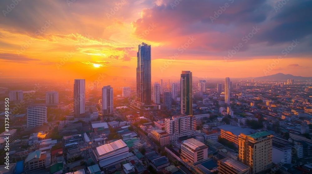 Obraz premium Sunset skyline view over urban landscape cityscape photography vibrant city life evening atmosphere