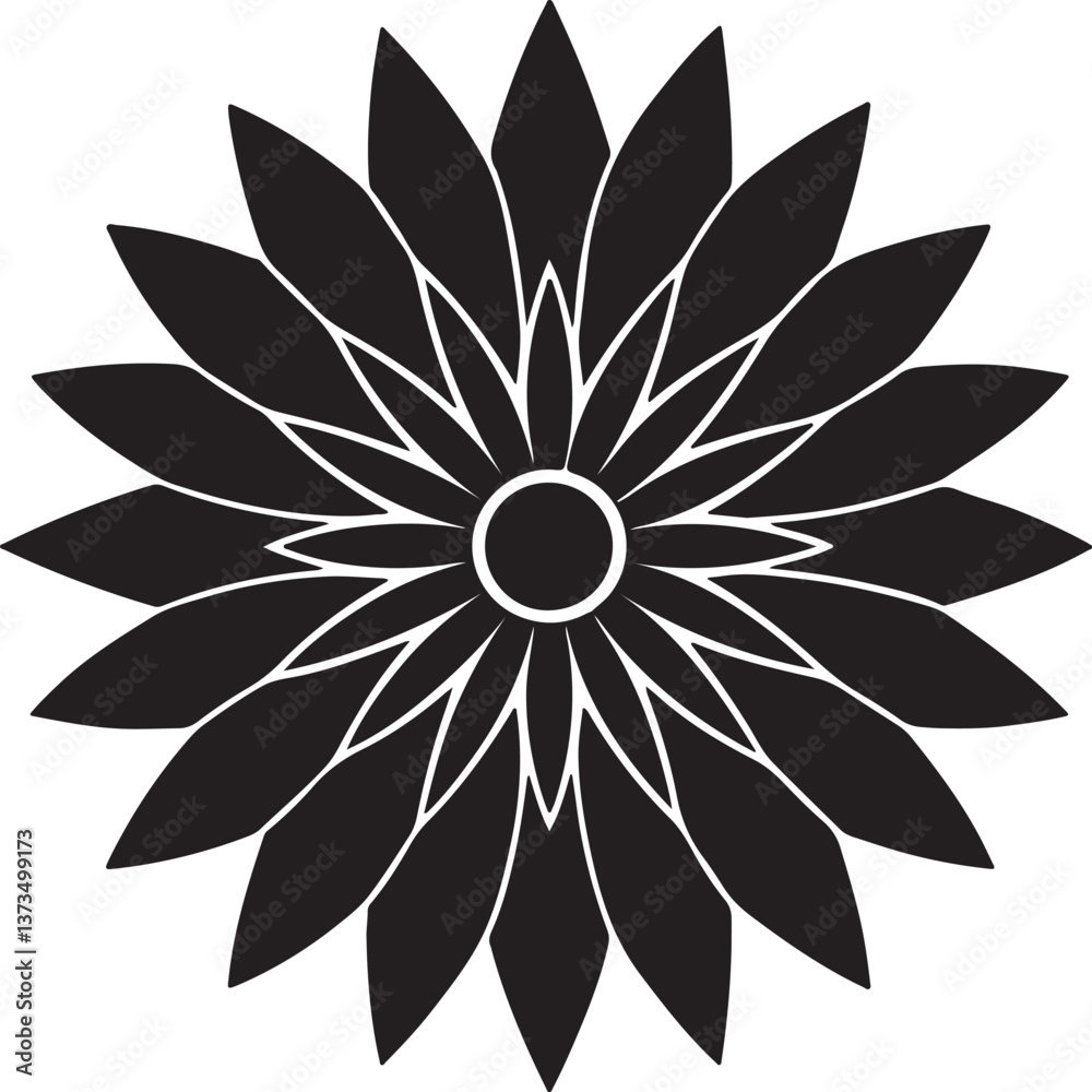 Geometric flower design, black and white, symmetrical petals, circular center, radial pattern, bold contrast, minimalist style, graphic art, monochrome illustration, stylized sunflower, abstract flora