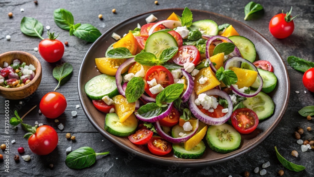 Refreshing summer vegetable salad with cucumbers, tomatoes, red onion, and feta cheese Refreshing summer vegetable salad with cucumbers, tomatoes, red onion, and feta cheese