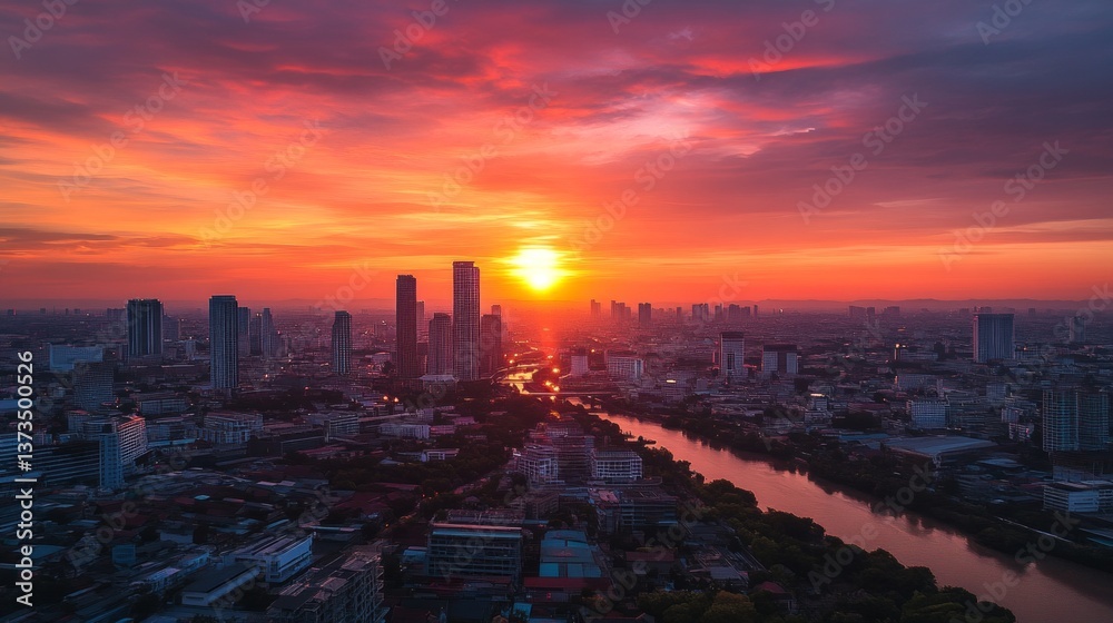 Fototapeta premium Breathtaking sunset over city skyline urban landscape aerial photography vibrant atmosphere stunning viewpoint