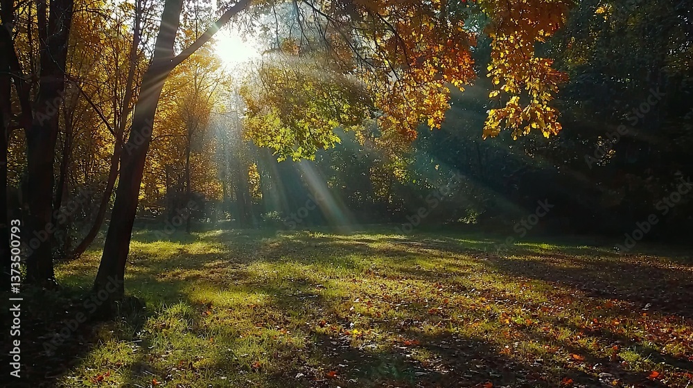 Fototapeta premium Sunbeams stream through autumn trees illuminating a grassy field