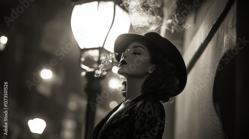 Mysterious woman in a vintage dress smoking under a streetlamp, retro noir-style with dramatic 1940s atmosphere