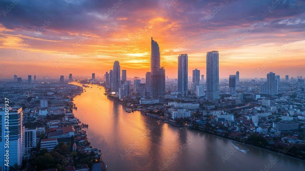 Sunset skyline reflections over river bangkok cityscape photography urban environment aerial view serenity and chaos Sunset skyline reflections over river bangkok cityscape photography urban environment aerial view serenity and chaos