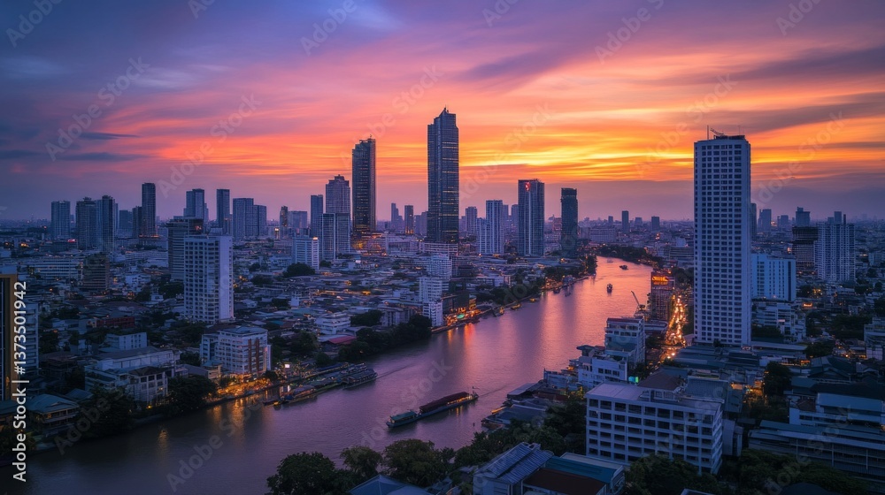 Fototapeta premium Sunset skyline view over the river bangkok city urban landscape photography evening atmosphere aerial perspective
