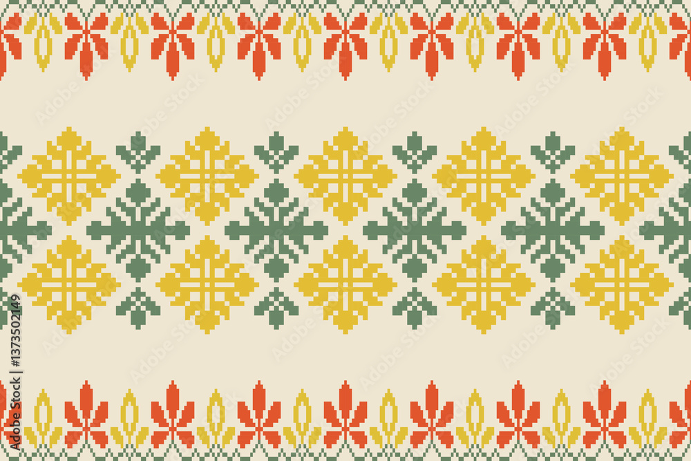 Rectangle shape seamless pixel art.Flower Ikat pattern embroidery.Pixel Art Fabric background Pattern with Geometric Square.Abstract background vector illustration.carpet,batik,knitwear
