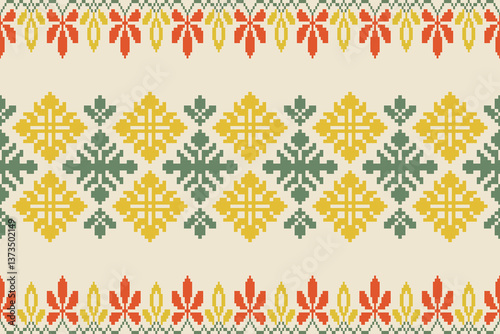 Obraz na płótnie Rectangle shape seamless pixel art.Flower Ikat pattern embroidery.Pixel Art Fabric background Pattern with Geometric Square.Abstract background vector illustration.carpet,batik,knitwear w salonie