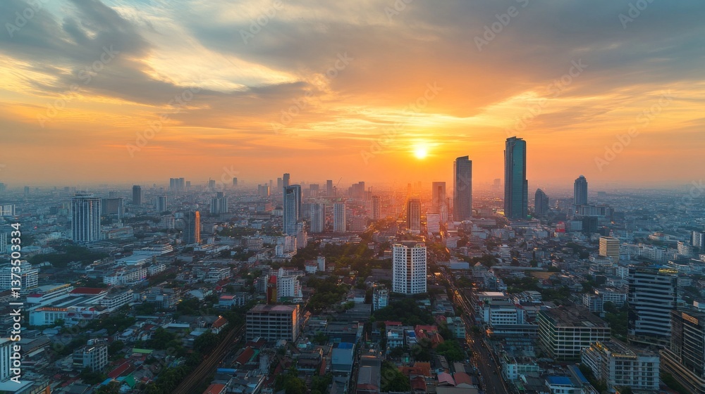 Fototapeta premium Sunset over skyscrapers urban landscape aerial view cityscape evening light vibrant colors