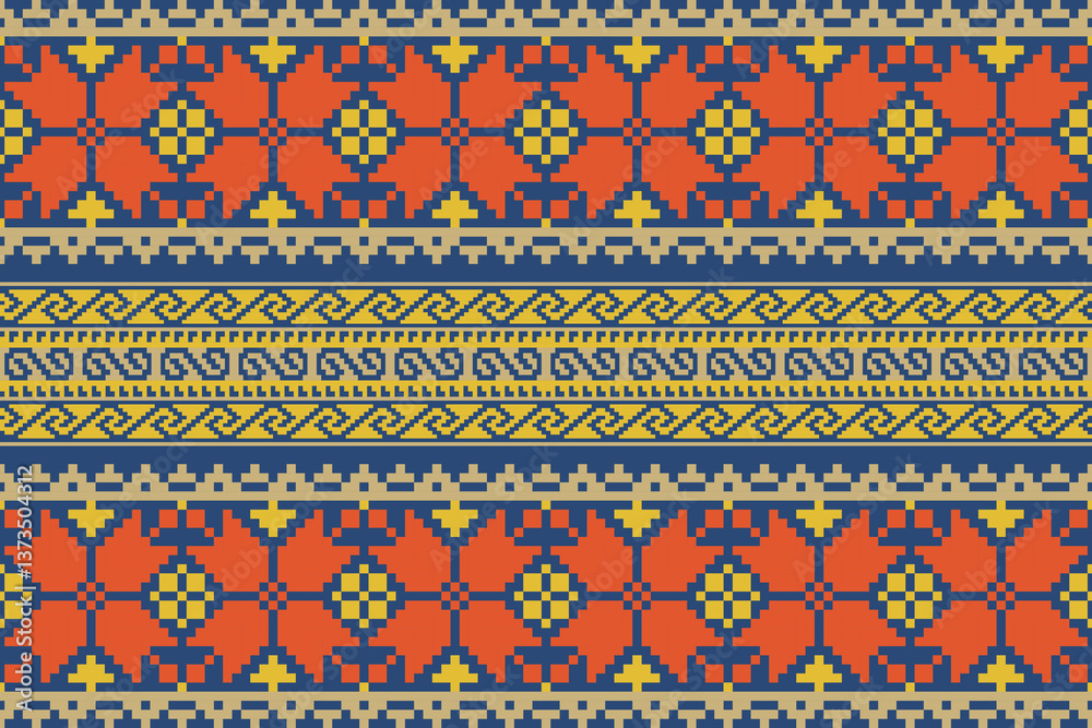 Colorful geometric traditional ethnic pixel art pattern background.Ikat seamless pattern abstract design for fabric print cloth dress carpet curtains and sarong.fabric,batik,Knitwear,Embroidery