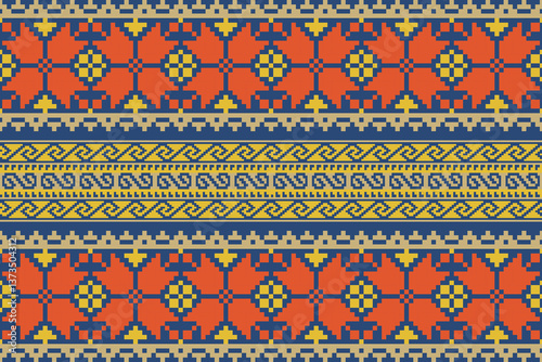 Obraz na płótnie Colorful geometric traditional ethnic pixel art pattern background.Ikat seamless pattern abstract design for fabric print cloth dress carpet curtains and sarong.fabric,batik,Knitwear,Embroidery w salonie