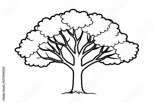 Black and White Tree Illustration Nature, Branches, Leaves, Trunk, Roots