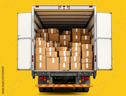 Delivery truck full of cardboard boxes, realistic style, isolated on yellow background. Concept of shipping, logistics, moving and transport. Ai generative