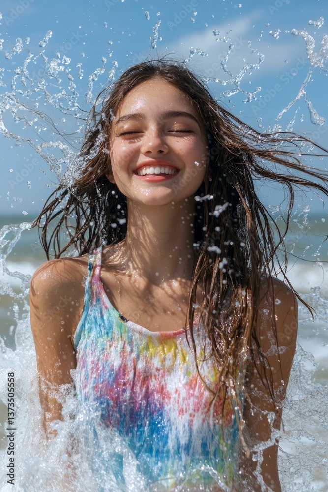 Obraz premium Stunning and hot happy asian young woman in multi-color tight t-shirt enjoying turquoise sea, splashes around her. Happy stress-free retreat getaway idea. Bright Ñommercial style.
