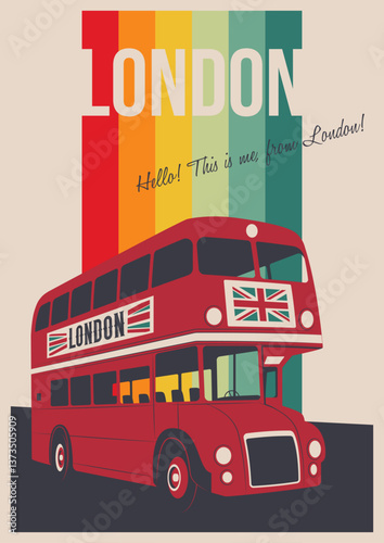Great Britain Attraction Postcard, London Red Bus Illustration, 1980s Color Lines Vector Template Retro Style Greeting Card 