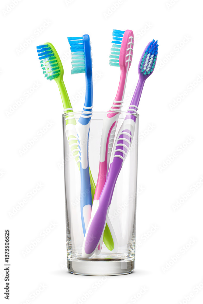 Four different color toothbrushes in a glass holder isolated. Transparent PNG image. Four different color toothbrushes in a glass holder isolated. Transparent PNG image.