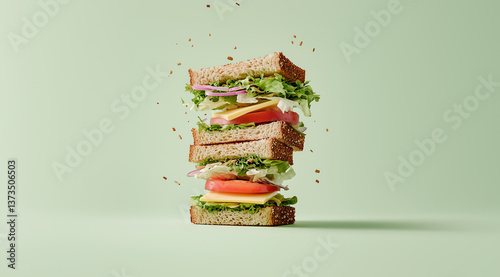 Layered sandwich with fresh vegetables and whole grain bread against a light green backdrop showcasing vibrant colors and textures