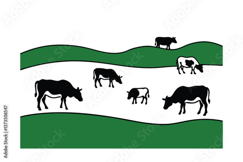 Silhouette Cows Grazing Green Pasture Hills Farmland Rural Scene