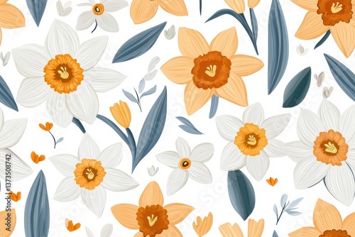 Flat style seamless pattern of daffodils, isolated on a white background.