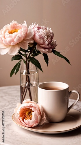 White cup filled with drink placed on saucer with pink peony flower arrangement in background.