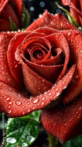 Close-up of red rose with water drops on petals on dark background with blurred green leaves.