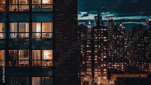 Nighttime cityscape showcasing illuminated windows and blurred lamp lights. 