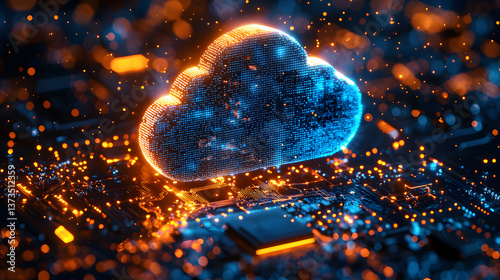 Glowing Blue Cloud on a Digital Circuit Board Background. Abstract Visualization of Cloud Computing. Safe Encrypted Storage, Verified Encryption Tech.