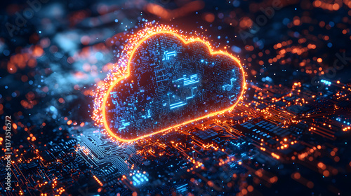 Glowing Blue Cloud on a Digital Circuit Board Background. Abstract Visualization of Cloud Computing. Safe Encrypted Storage, Verified Encryption Tech.