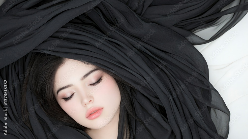 Mysterious Woman Black Fabric Closed Eyes Peaceful Serene Dreamlike Portrait Mysterious Woman Black Fabric Closed Eyes Peaceful Serene Dreamlike Portrait