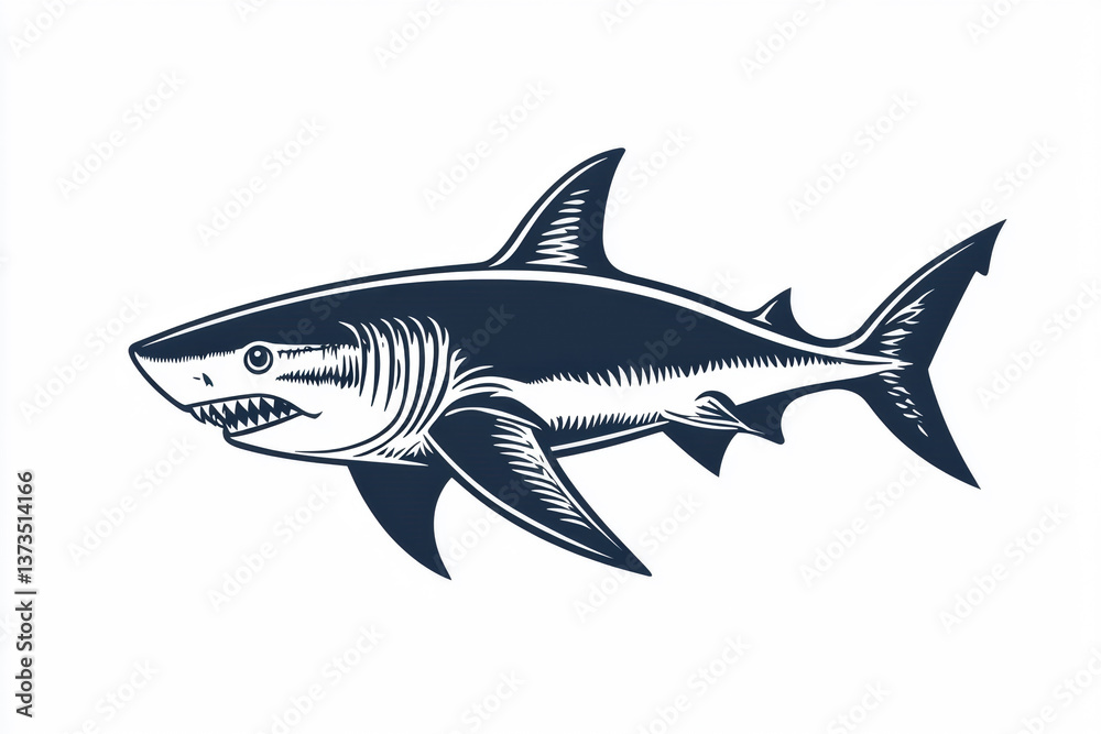Obraz premium Detailed illustration of a shark swimming in the ocean showcasing strong fins and sharp teeth against a white background Generative AI