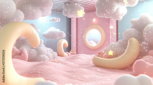 Dreamlike Pink Room  Clouds  Stars  3D Render  Fantasy  Sweet  Magical  Pastel   Whimsical