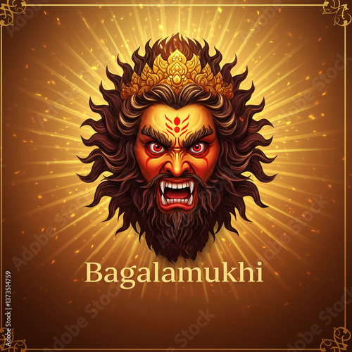 Bagalamukhi Jayanti Concept Art: Wrathful Deity Face with Golden Crown photo