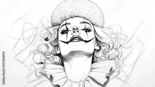 Monochrome Clown Portrait  Sketch  Illustration  AI Art   Black and White  Curly Hair  Mak