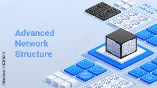 Advanced Network Structure High-tech data center Sophisticated server units and interlinked blocks Modern connectivity and digital architecture Efficient data processing Vector isometric illustration