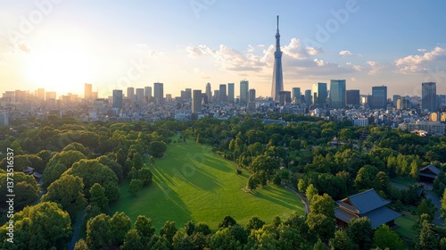 Obraz na płótnie Tokyo Skyline Modern Cityscape with Lush Green Park w salonie