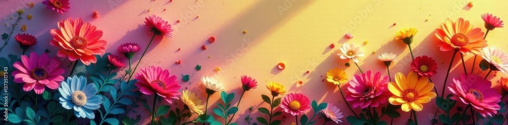 Obraz premium Vibrant blooms cast rainbow hues on sun-drenched wall, tint, flower, spring