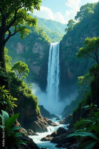 Vast rainforest panorama, cascading waterfall , cascade, peaceful, panoramic