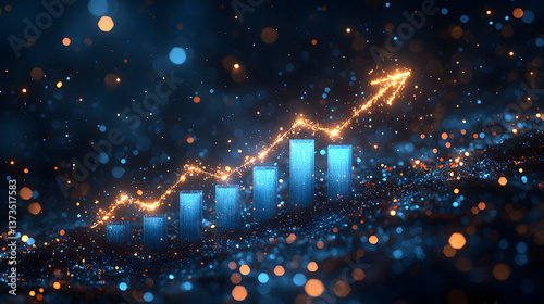 Glowing Bar Chart and Rising Red Line Graph on a Dark Background. Business and Finance Data Visualization