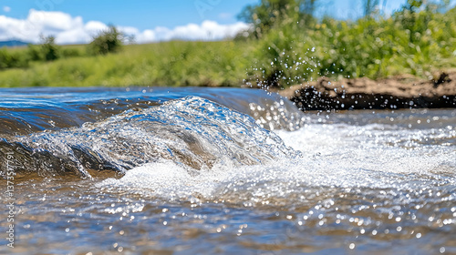 Close Up of a Fast Moving Stream with Bright Sunlight and Lush Green Background