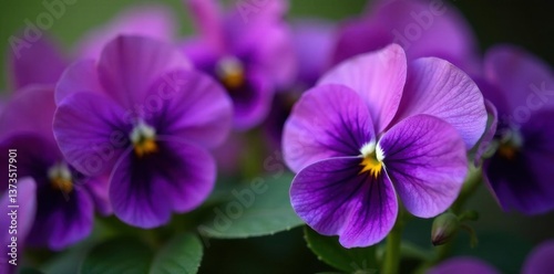 Vibrant purple African violet blooms close-up, green, foliage, gesneriaceae