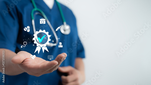 Doctor holding a virtual quality badge icon representing certified healthcare services and trust in modern medical technology