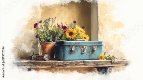 Vintage Metal Lunchbox from the 1930s in Historical Setting with Sepia-Tone Oil Painting Aesthetic