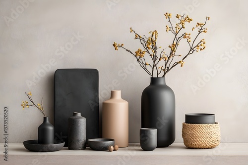 Curated assortment of storage containers in a range of organic shapes and tactile finishes such as distressed cardboard natural wicker and hammered metal photo