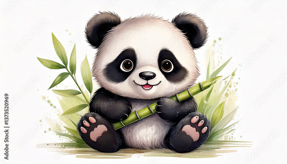 Cheerful cartoon panda with soft round shapes, holding a bamboo shoot, painted in gentle pastel tones on a white background