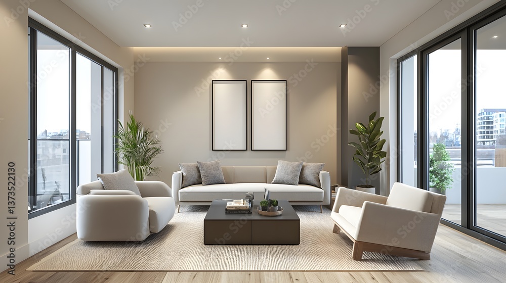 Stylish Blank Poster Mockup in Modern Living Room with Large Decor Element Stylish Blank Poster Mockup in Modern Living Room with Large Decor Element