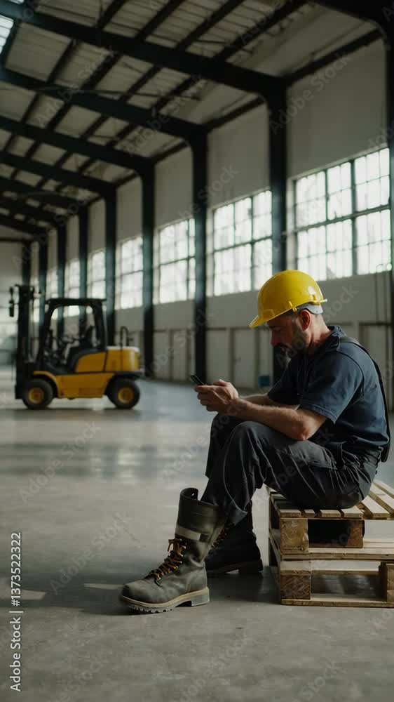 Warehouse worker using smartphone during break time Warehouse worker using smartphone during break time