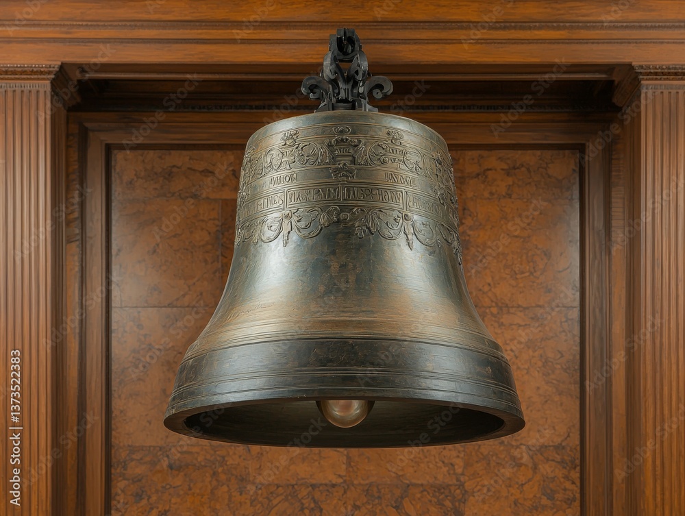 Obraz premium Antique Bronze Bell Display Museum Exhibition Cultural Artifact Elegant Environment Close-Up View Historical Significance