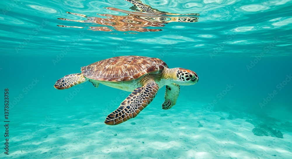 Fototapeta premium A graceful sea turtle glides through crystal-clear turquoise waters, sunlight dappling the sandy ocean floor.