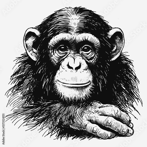 Chimp Chronicles Chimpanzee line art drawing of lion Laugh ink sketch vector hand drawn illustration background